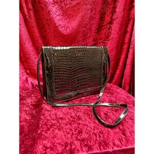 Vintage Convertible Purse Black Faux Leather Crocodile Skin Flap Tandem CA